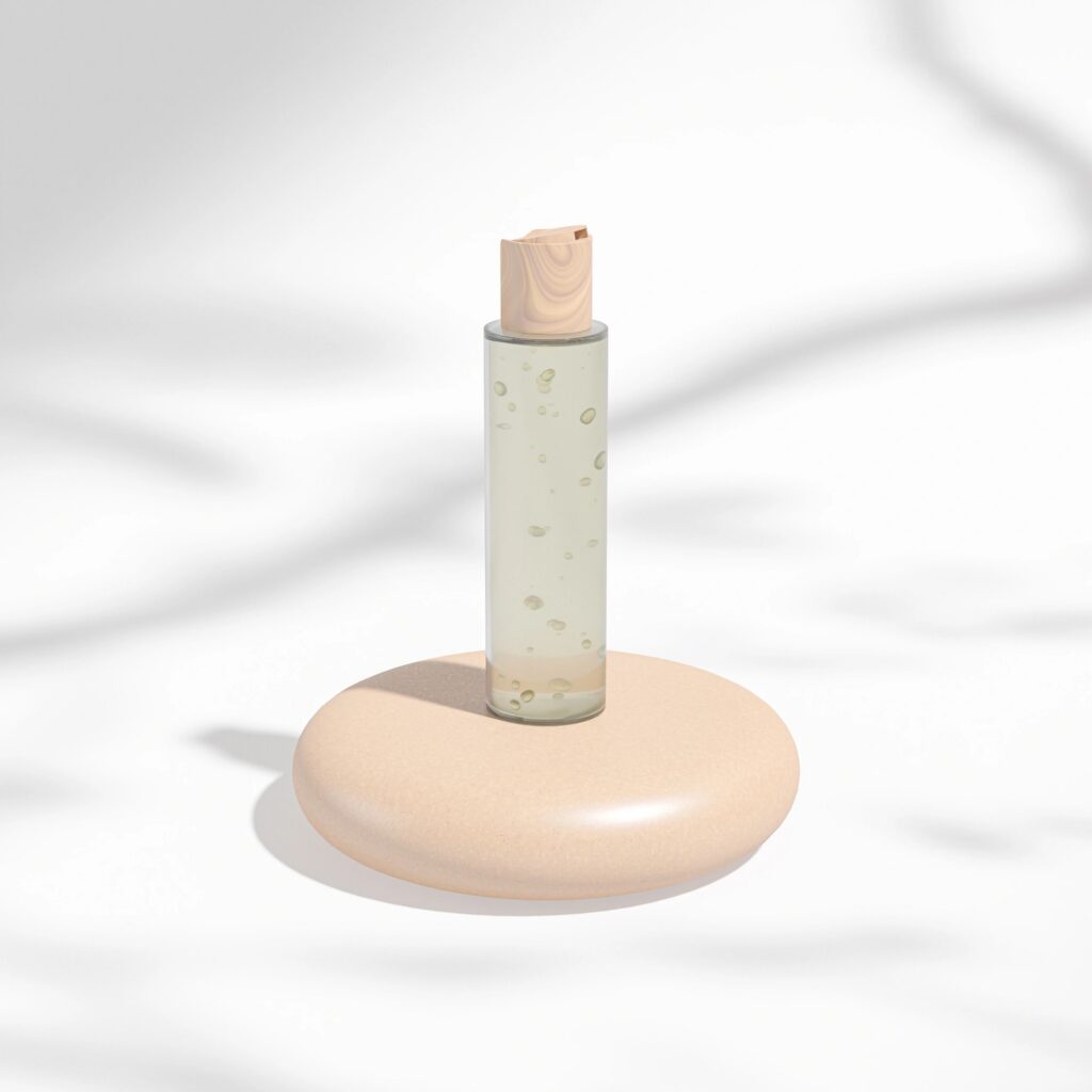 Clear cosmetic plastic bottle with wooden disk top flip cap mockup, flat disk cap round packaging, modern skincare container, cylindrical shape squeeze bottle, cylinder liquid shompoo bottle