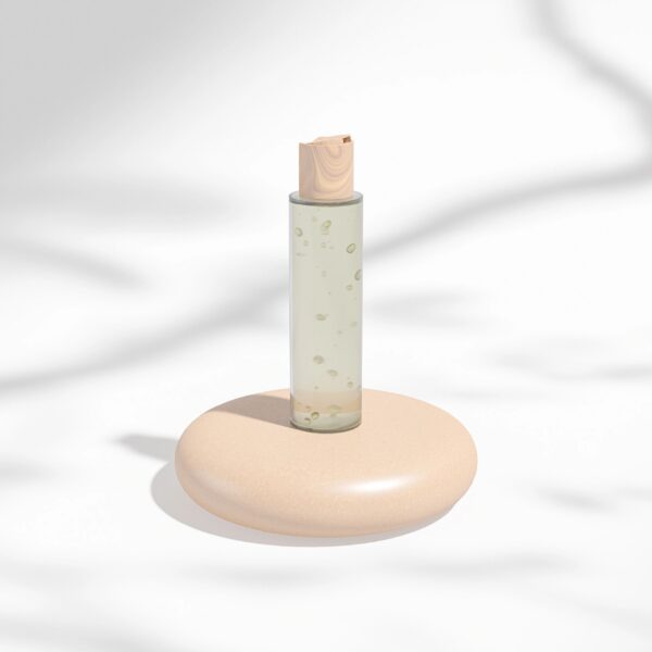 Clear cosmetic plastic bottle with wooden disk top flip cap mockup, flat disk cap round packaging, modern skincare container, cylindrical shape squeeze bottle, cylinder liquid shompoo bottle